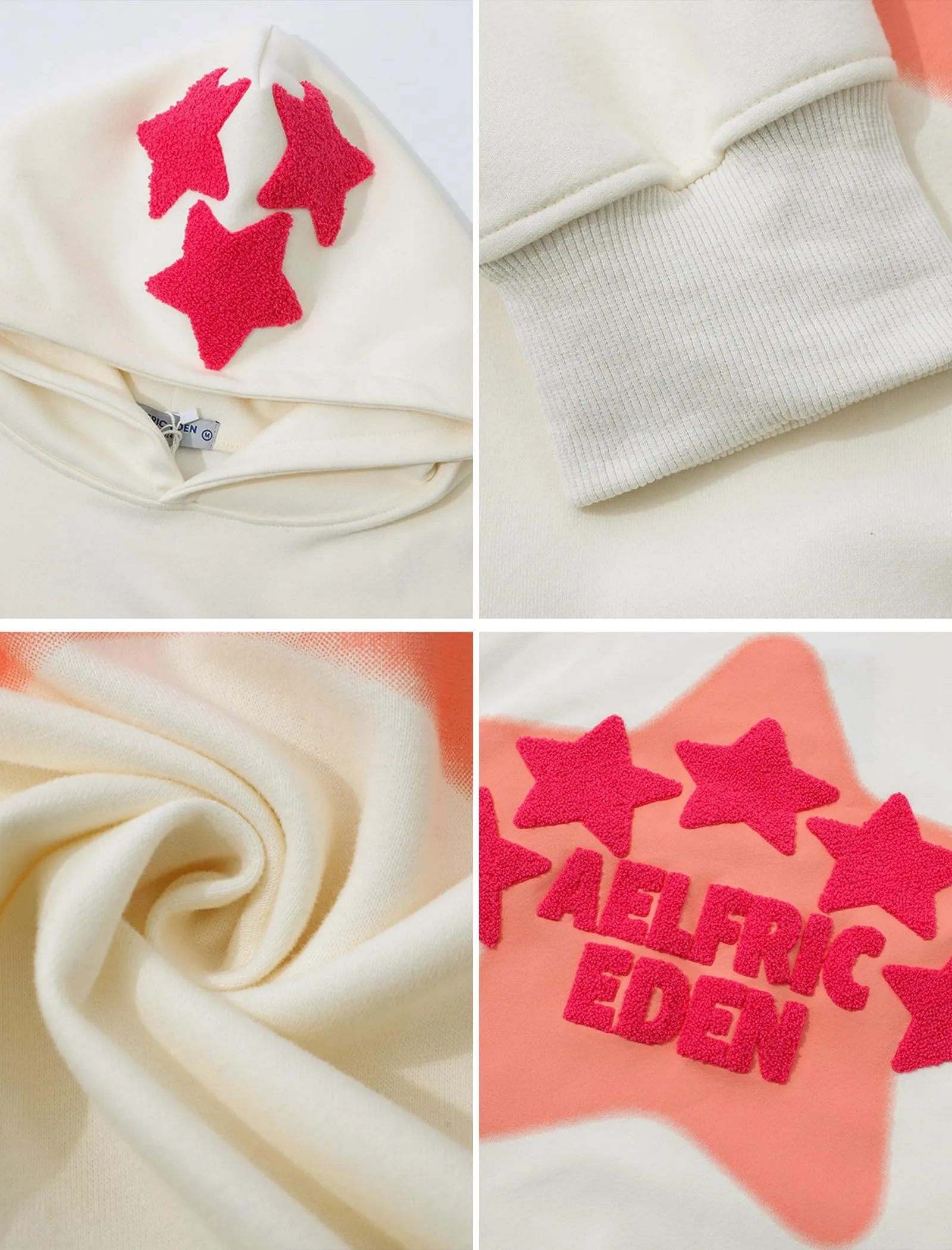 Oversized Cream Pullover Hoodie – Contrast Pink Star Appliqué - Image 3