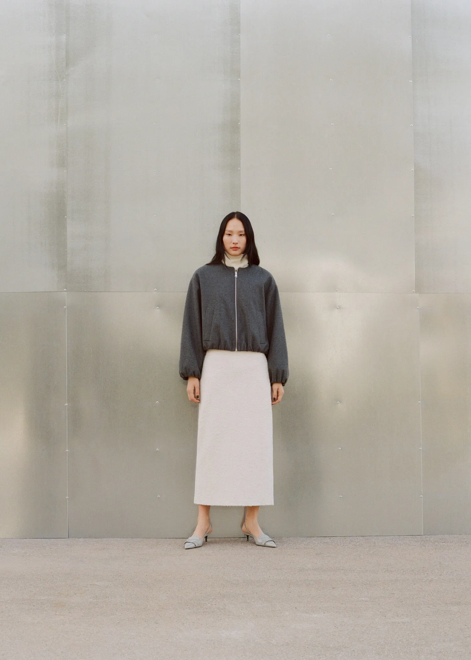 Minimalist Dark Charcoal Grey Cropped Bomber Jacket with High Neck