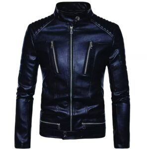 Men's Black Faux Leather Jacket with Band Collar and Multi-Zip Detailing