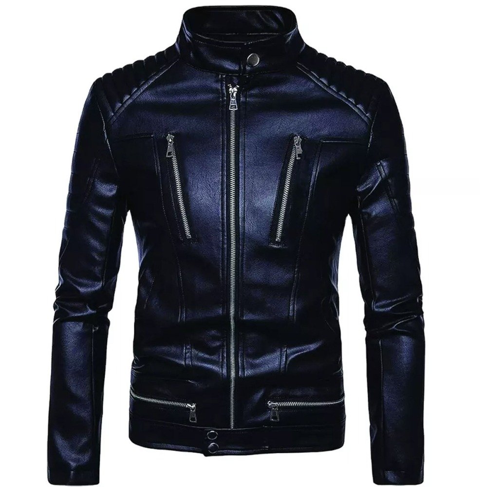 Men's Black Faux Leather Jacket with Band Collar and Multi-Zip Detailing