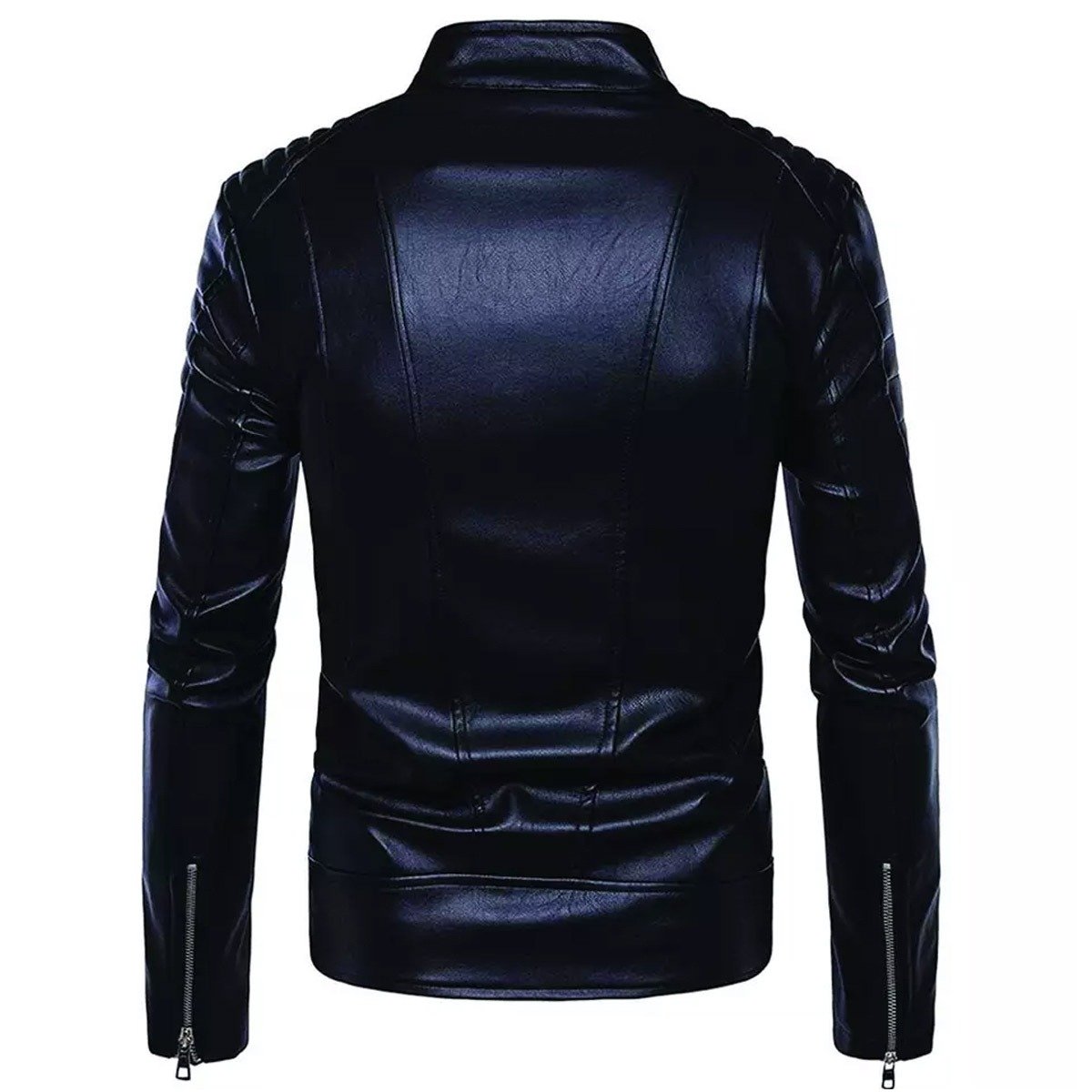 Men's Black Faux Leather Jacket with Band Collar and Multi-Zip Detailing - Image 3