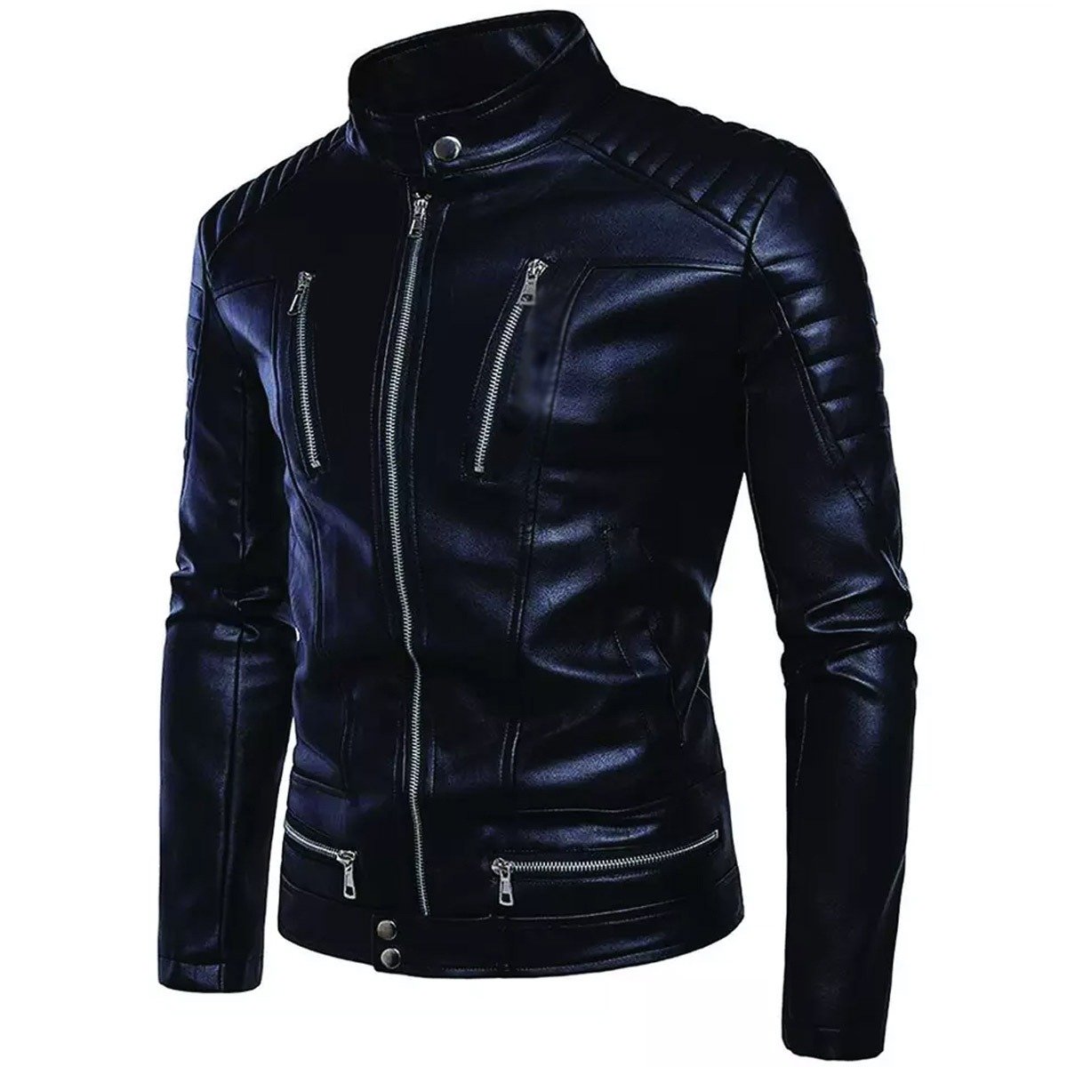 Men's Black Faux Leather Jacket with Band Collar and Multi-Zip Detailing - Image 2