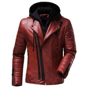 Men's Red Biker Leather Jacket with Detachable Hood and Quilted Shoulder Detail