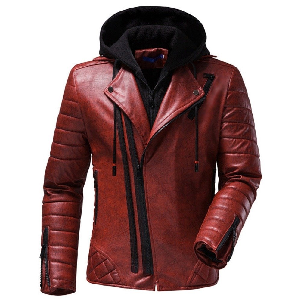 Men's Red Biker Leather Jacket with Detachable Hood and Quilted Shoulder Detail