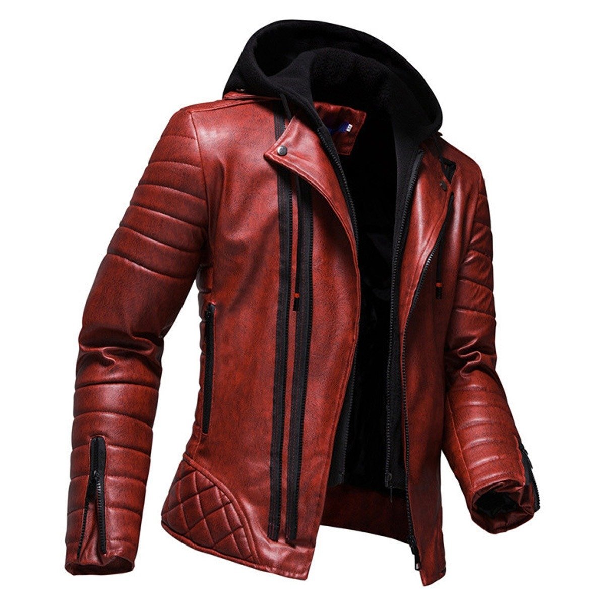 Men's Red Biker Leather Jacket with Detachable Hood and Quilted Shoulder Detail - Image 2