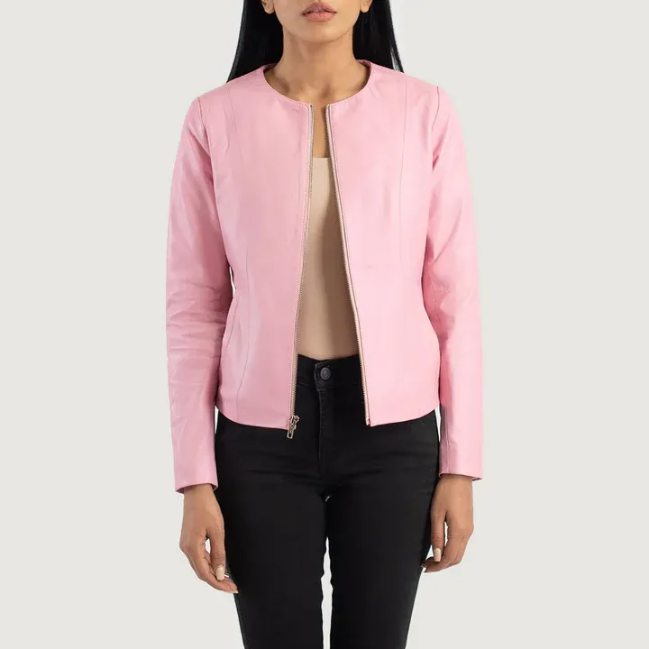 Chic Light Pink Collarless Faux Leather Jacket – Open-Front Style