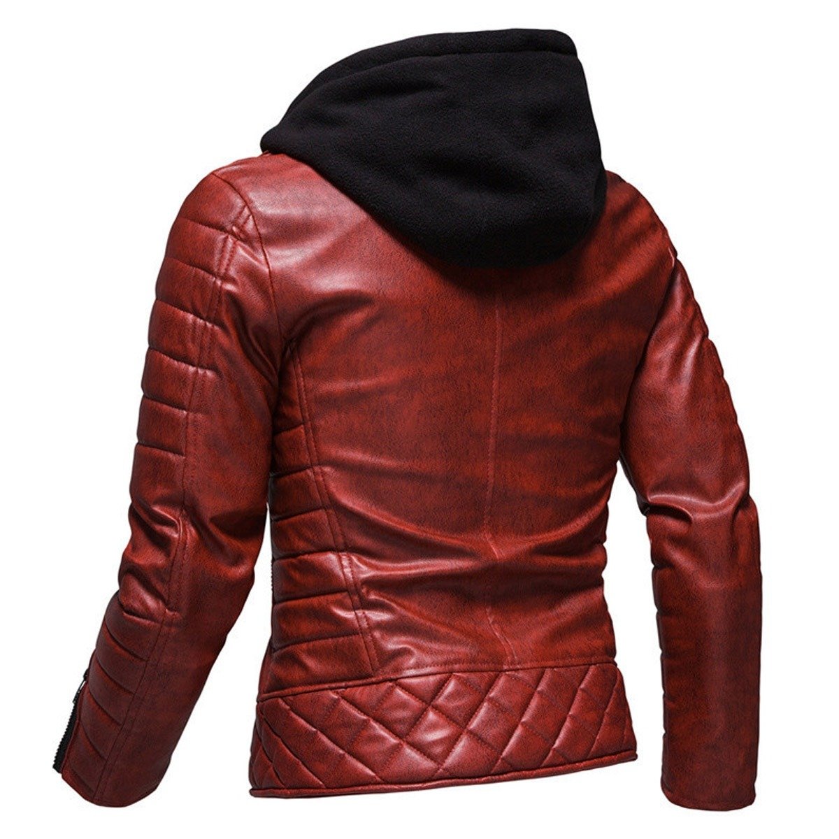 Men's Red Biker Leather Jacket with Detachable Hood and Quilted Shoulder Detail - Image 3