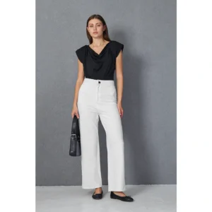 Crisp White High-Waist Wide Leg Trousers – Tailored Woven Finish