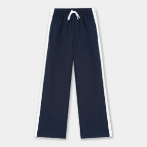 Athleisure Navy Blue Wide Leg Trousers – Contrast White Side Stripe