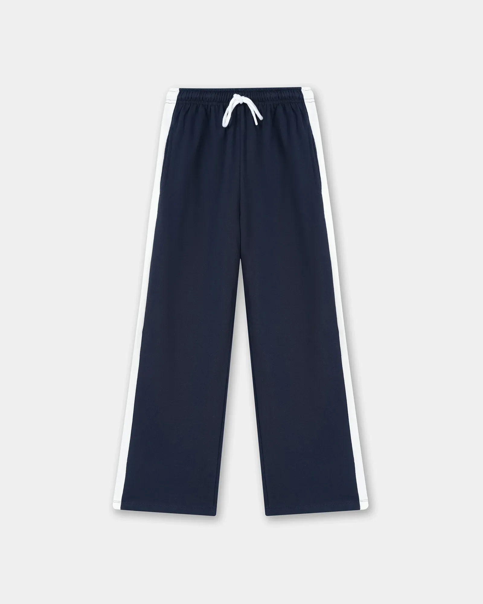Athleisure Navy Blue Wide Leg Trousers – Contrast White Side Stripe