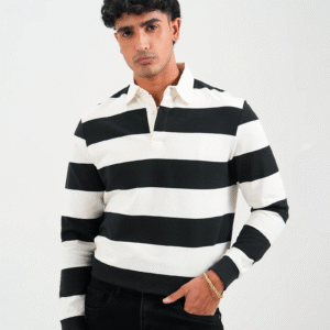 Bold Black & White Stripes: Classic Rugby Polo Sweatshirt