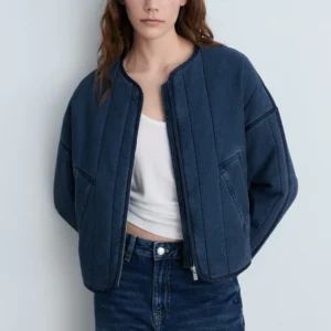 Classic Navy Blue Quilted Quilted Bomber Jacket with Uncollared Neck