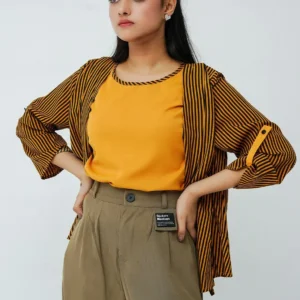 Bold Black and Golden Yellow Stripe Open Shrug Cardigan with Button Tab Sleeves