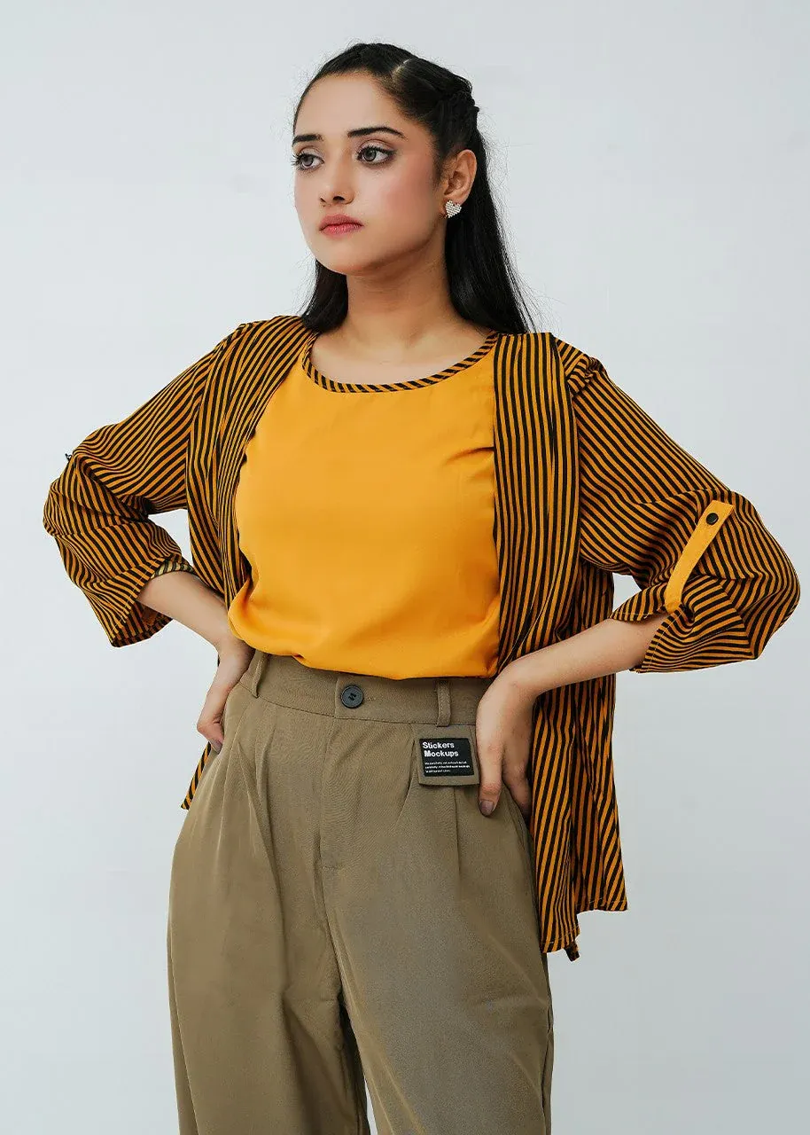 Bold Black and Golden Yellow Stripe Open Shrug Cardigan with Button Tab Sleeves