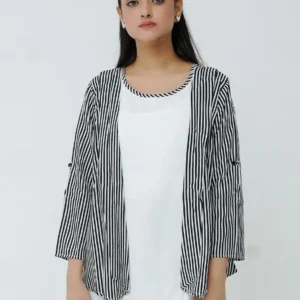 Lightweight Vertical Stripe Open-Front Cardigan – Black and White Contrast