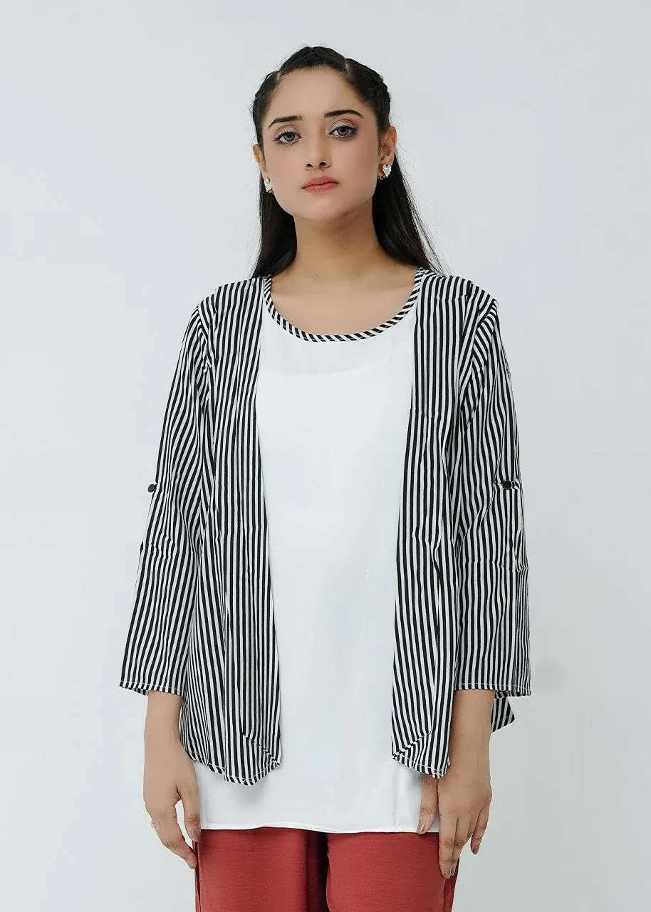 Lightweight Vertical Stripe Open-Front Cardigan – Black and White Contrast