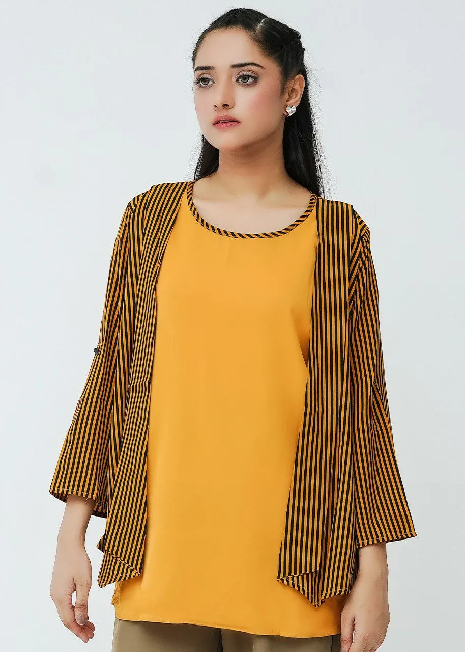 Bold Black and Golden Yellow Stripe Open Shrug Cardigan with Button Tab Sleeves - Image 2