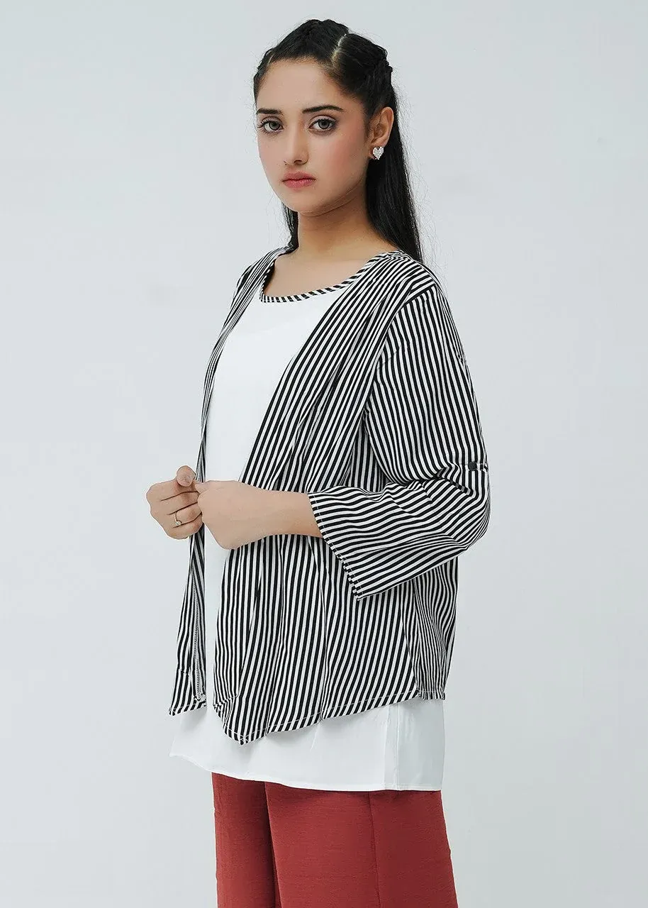 Lightweight Vertical Stripe Open-Front Cardigan – Black and White Contrast - Image 2