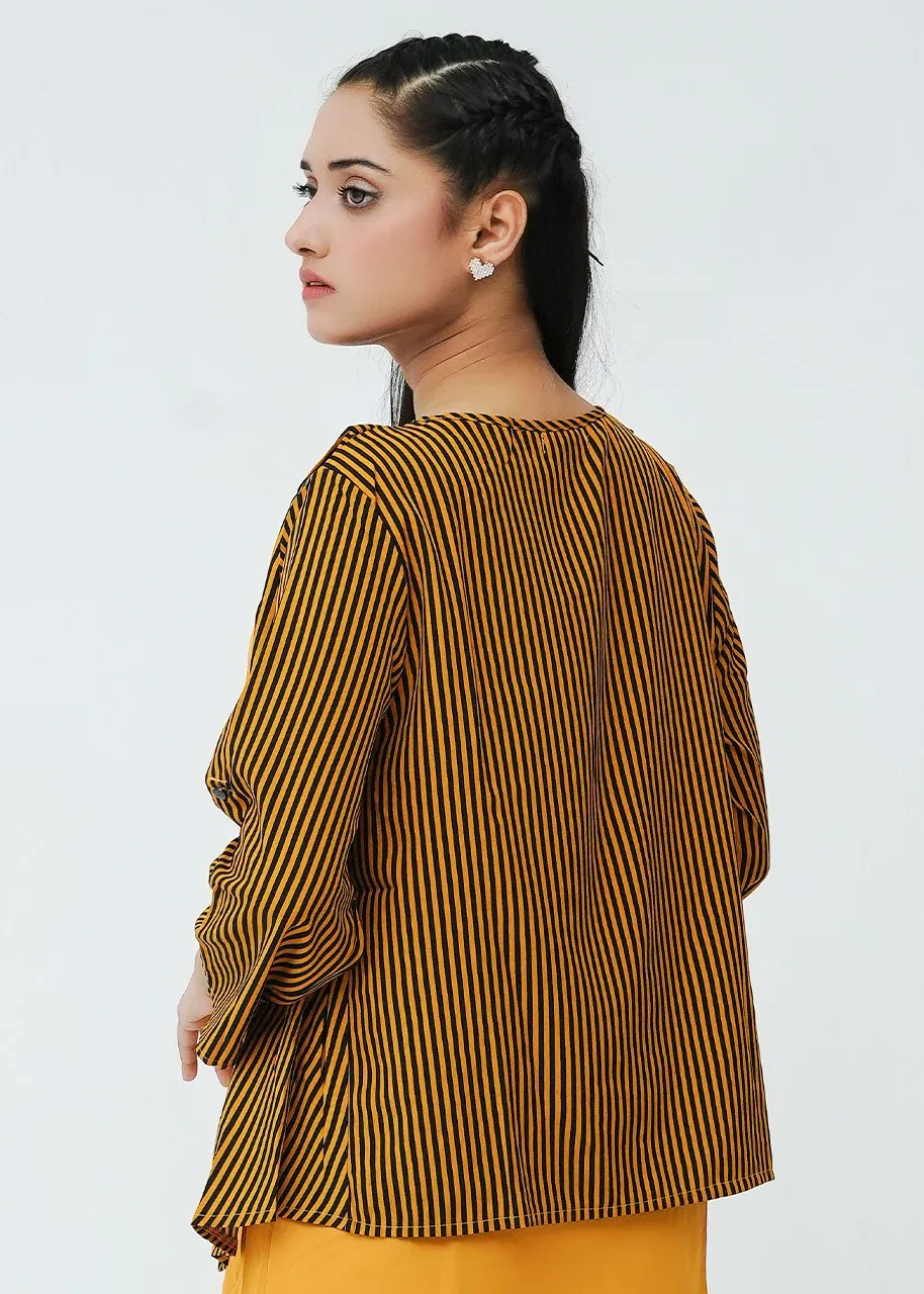 Bold Black and Golden Yellow Stripe Open Shrug Cardigan with Button Tab Sleeves - Image 3