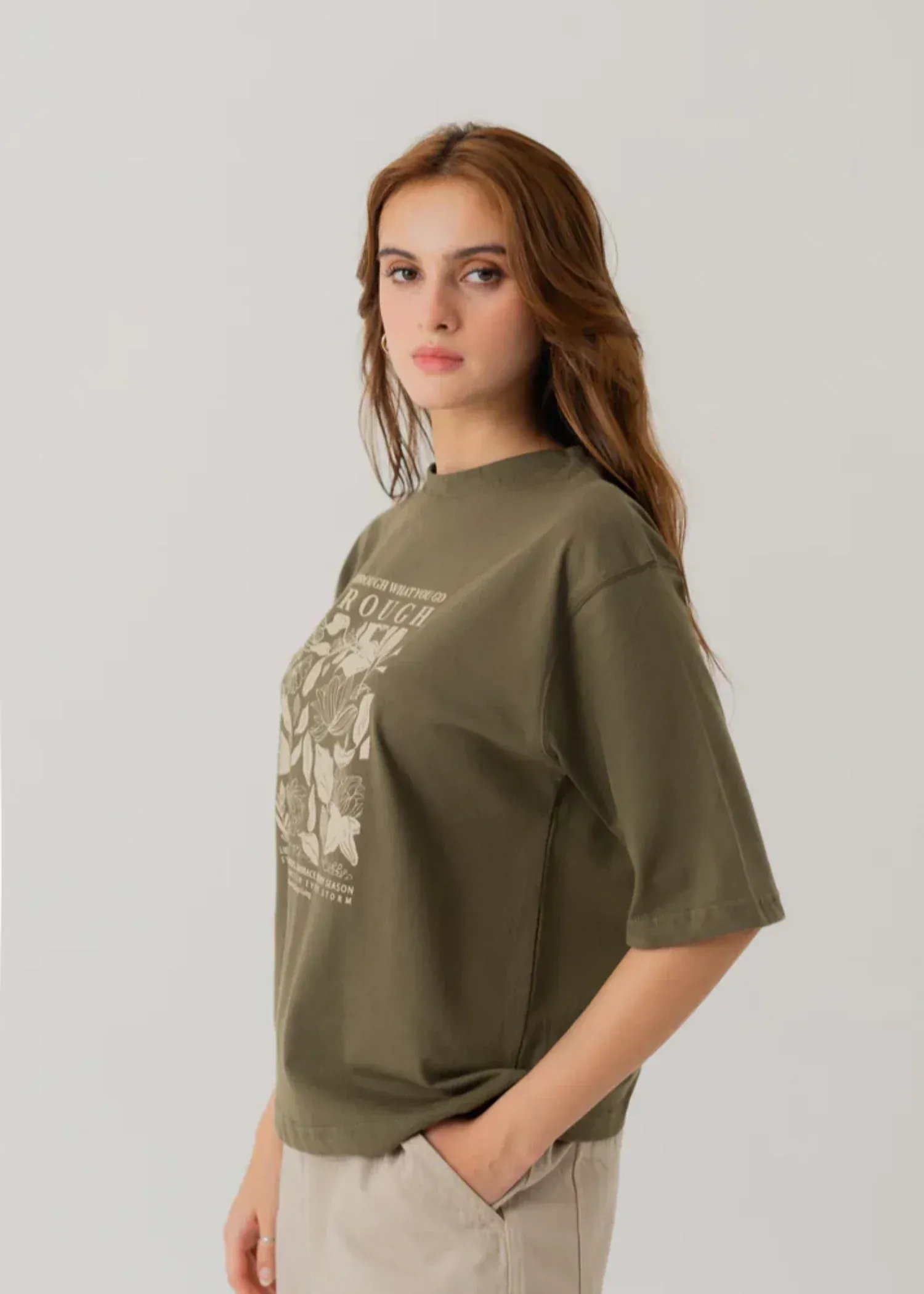 Minimalist Oversized Drop Shoulder T-Shirt – Light Grey with Contrast Fabric Patch - Image 2