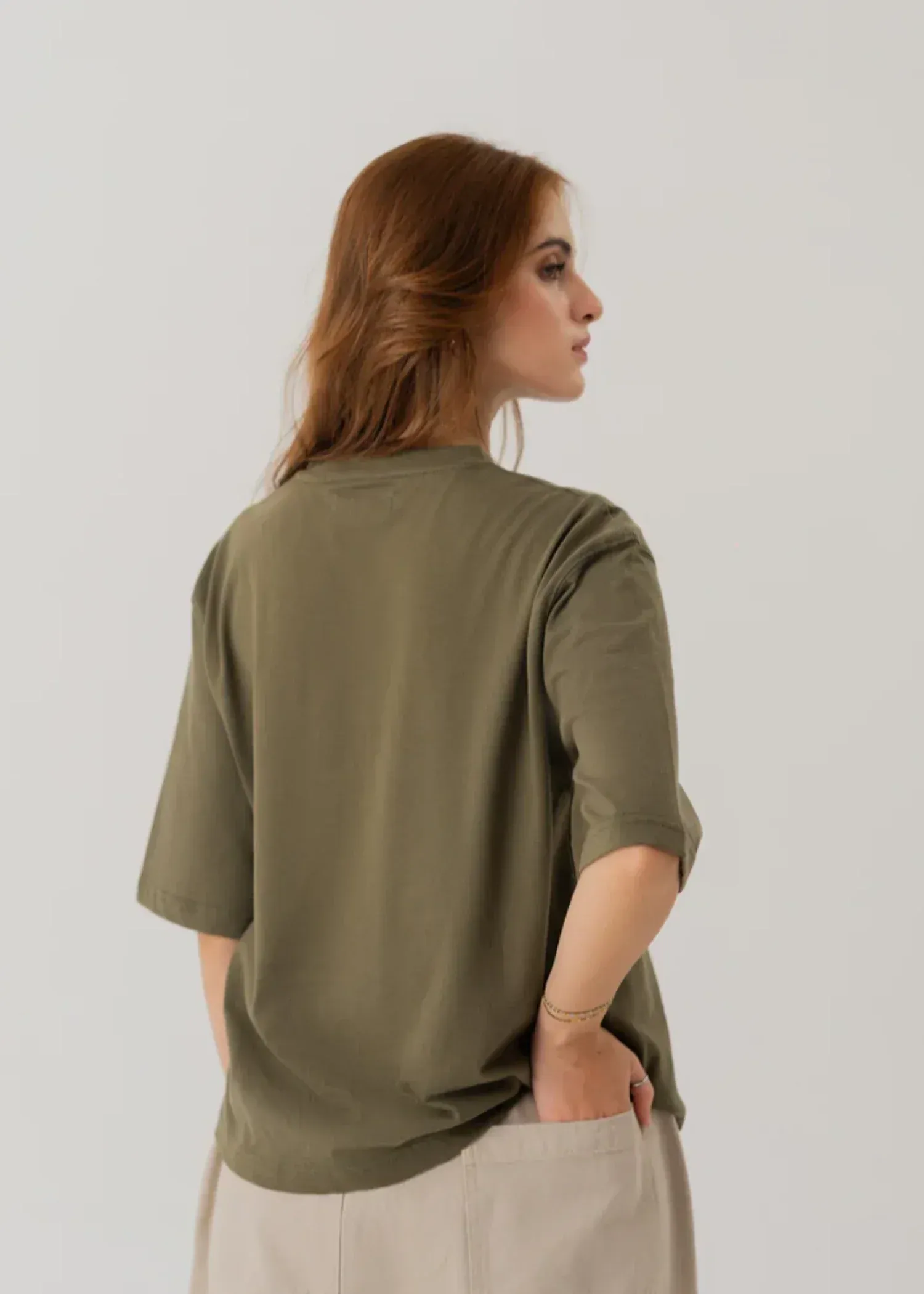 Minimalist Oversized Drop Shoulder T-Shirt – Light Grey with Contrast Fabric Patch - Image 3