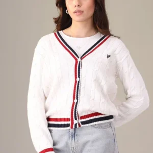Classic Varsity Cable Knit Cardigan – White with Navy and Red Tipping