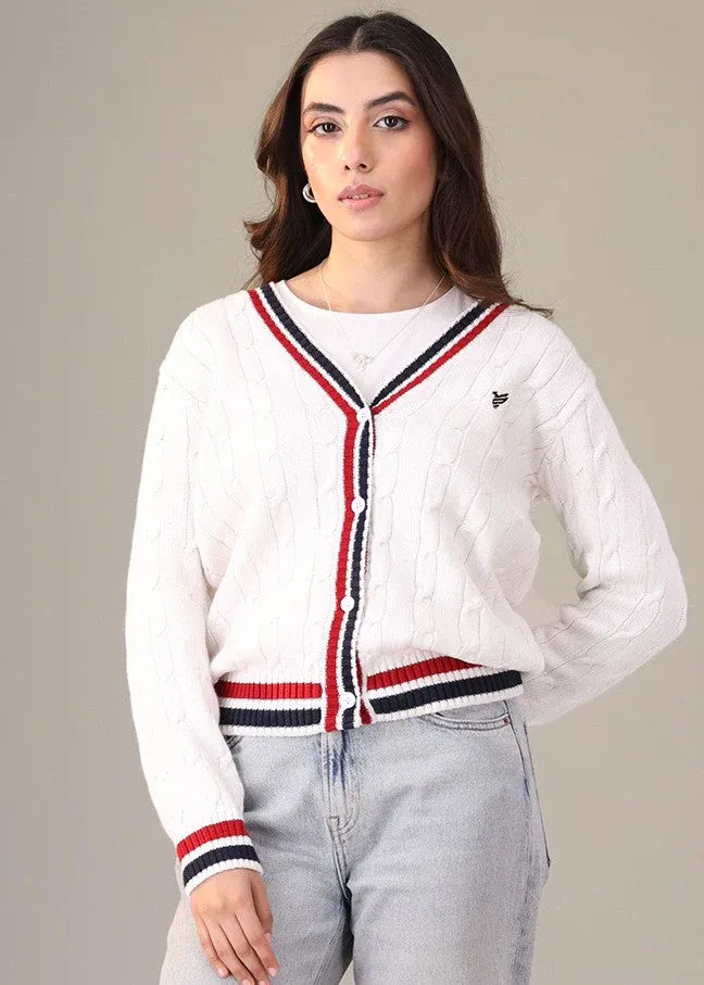 Classic Varsity Cable Knit Cardigan – White with Navy and Red Tipping