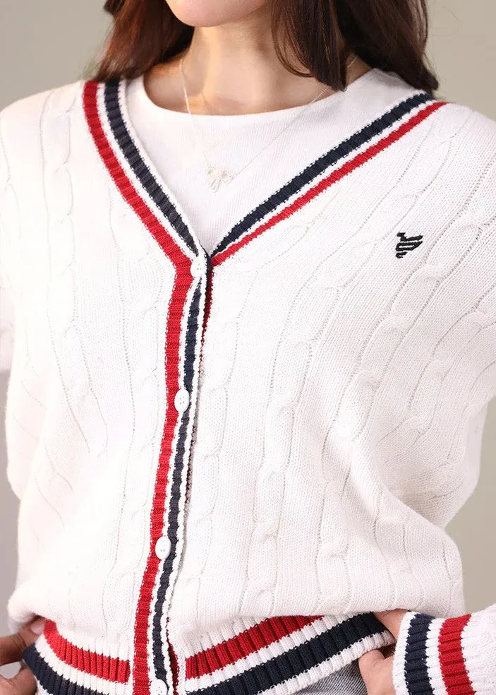 Classic Varsity Cable Knit Cardigan – White with Navy and Red Tipping - Image 2