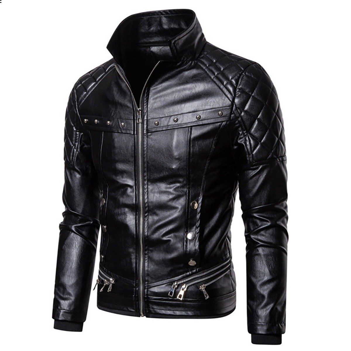 Classic Black Biker Jacket with Quilted Shoulder Panels and Stud Accents - Image 2