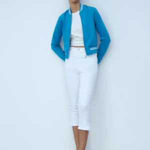 Sleek Sky Blue Bomber Jacket – Contrast White Ribbed Collar and Silver Zip