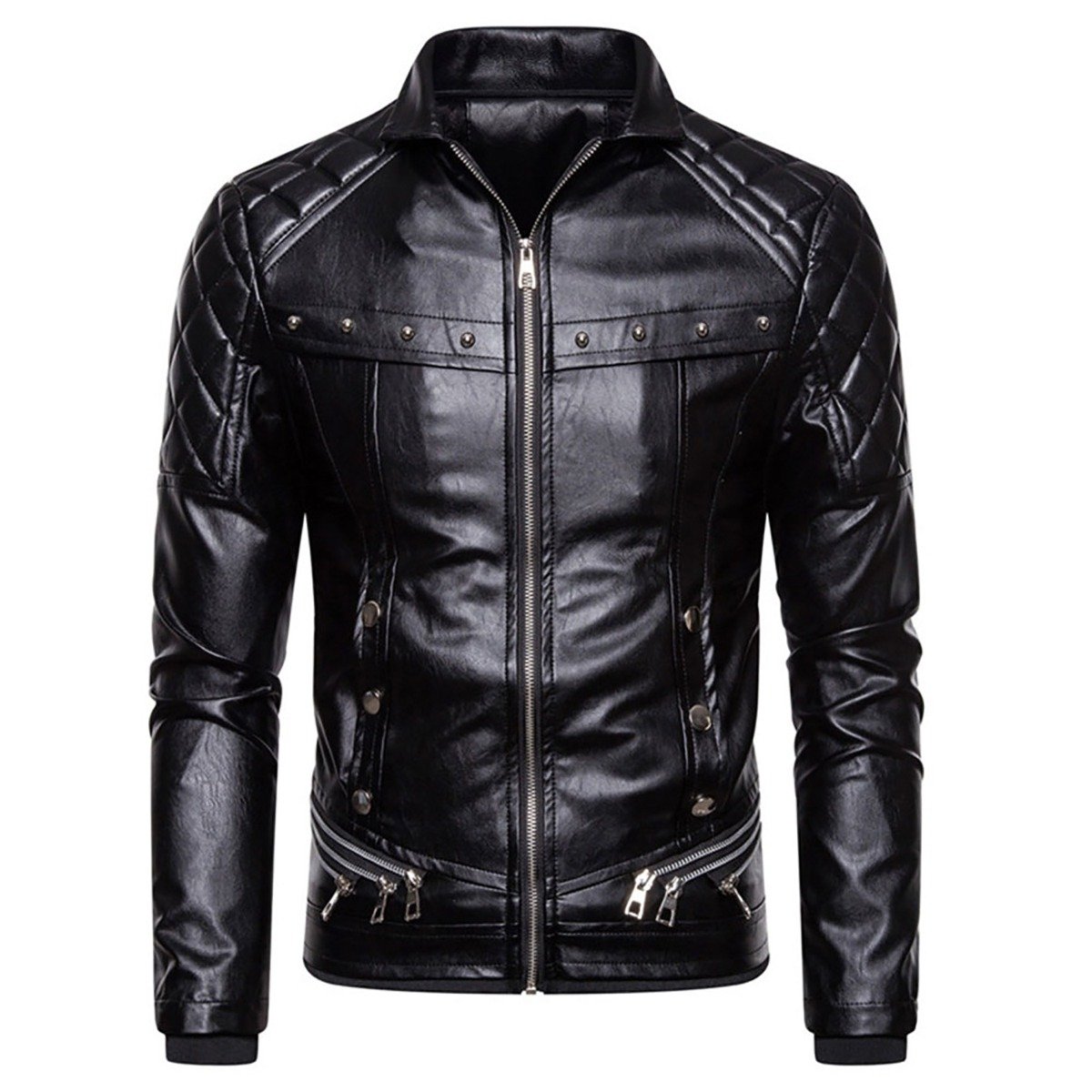 Classic Black Biker Jacket with Quilted Shoulder Panels and Stud Accents