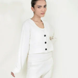 Elegant Cropped White Button-Up Cardigan – Luxe Ribbed Texture