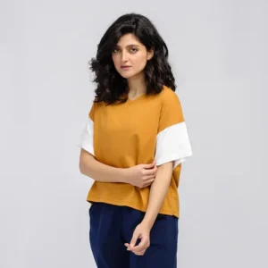 Contrast Color Block V-Neck Drop Shoulder T-Shirt – Crimson Red and Light Grey