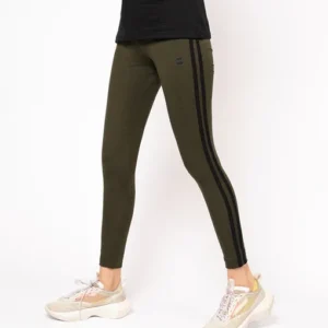 Sporty Olive Green Leggings with Bold Black Double Side Stripes