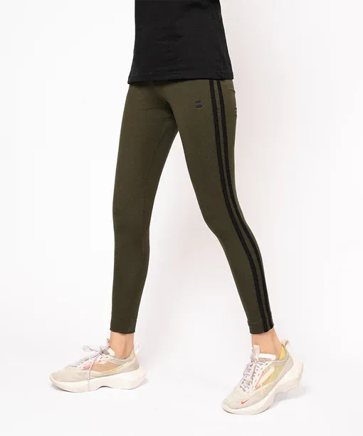 Sporty Olive Green Leggings with Bold Black Double Side Stripes